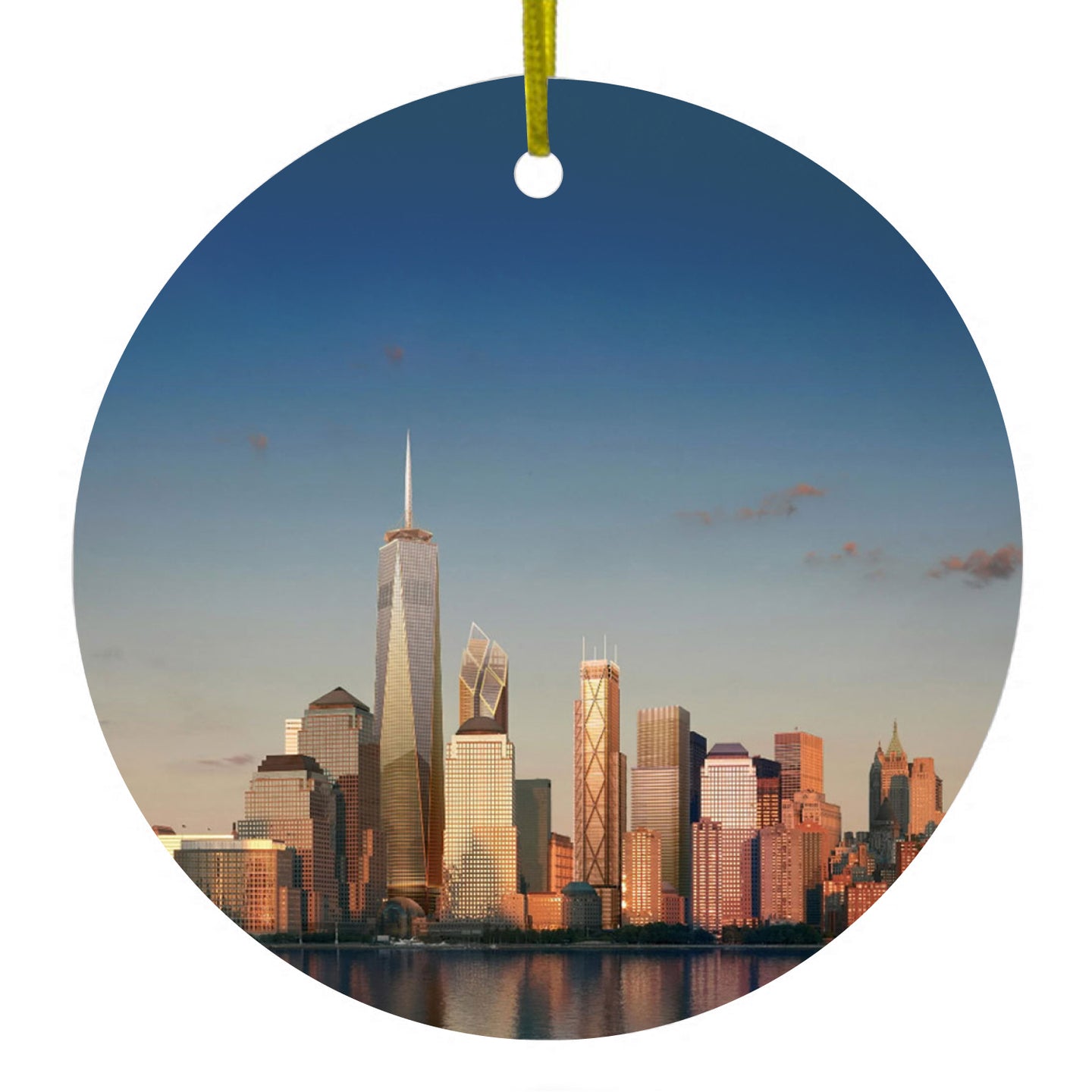 DistinctInk® Hanging Ceramic Christmas Tree Ornament with Gold String - Great Gift / Present - 2 3/4 inch Diameter - New York Skyline New