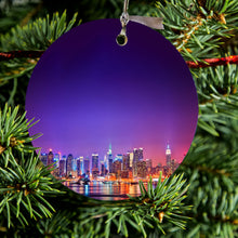 DistinctInk® Hanging Ceramic Christmas Tree Ornament with Gold String - Great Gift / Present - 2 3/4 inch Diameter - New York Skyline Night