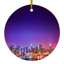 DistinctInk® Hanging Ceramic Christmas Tree Ornament with Gold String - Great Gift / Present - 2 3/4 inch Diameter - New York Skyline Night