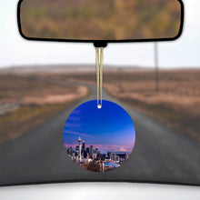 DistinctInk® Hanging Ceramic Christmas Tree Ornament with Gold String - Great Gift / Present - 2 3/4 inch Diameter - Seattle Skyline Night