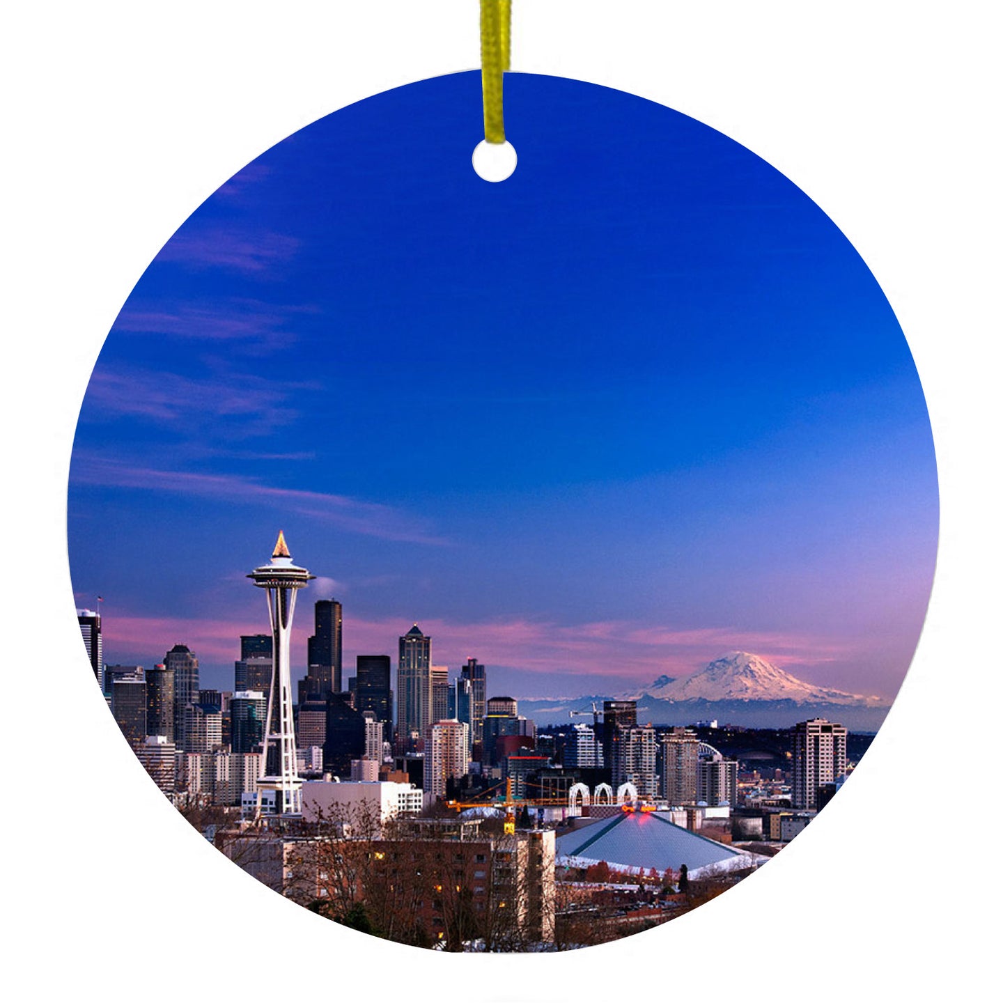 DistinctInk® Hanging Ceramic Christmas Tree Ornament with Gold String - Great Gift / Present - 2 3/4 inch Diameter - Seattle Skyline Night