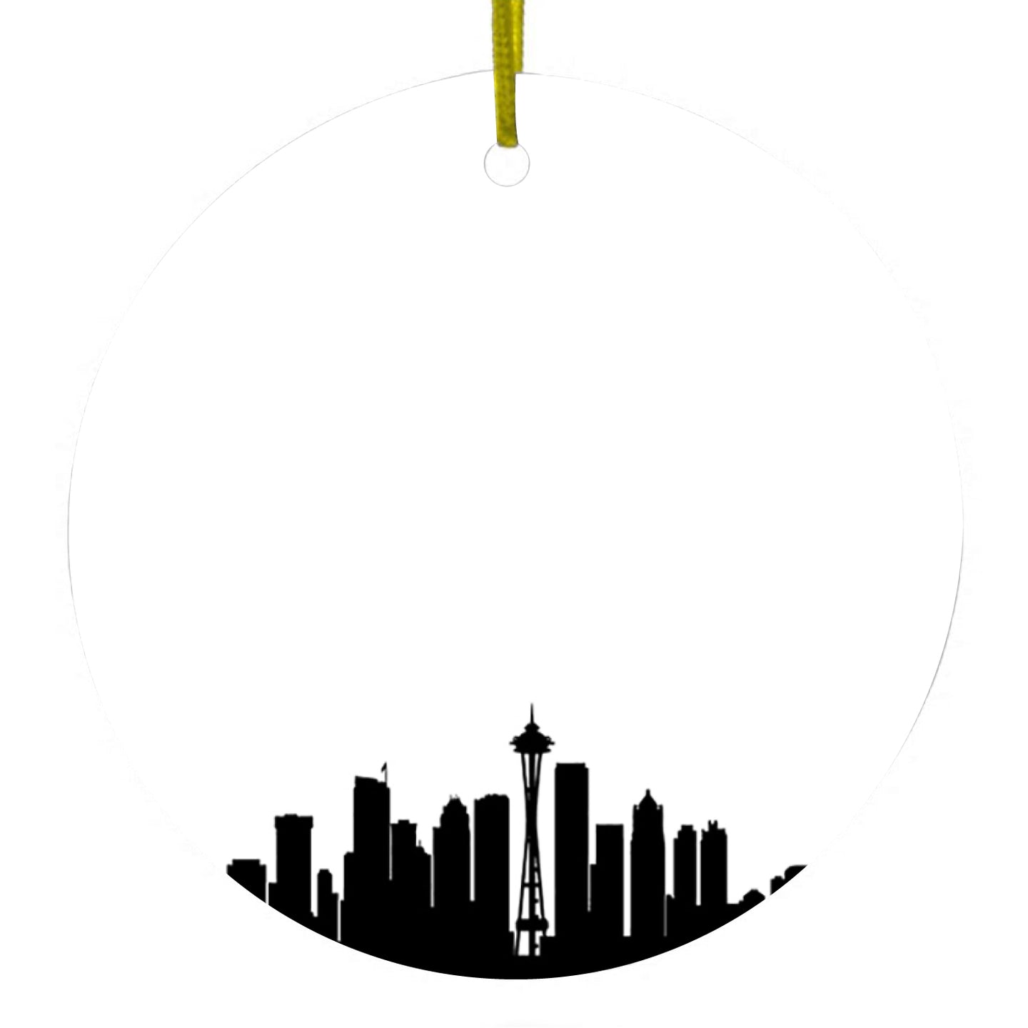 DistinctInk® Hanging Ceramic Christmas Tree Ornament with Gold String - Great Gift / Present - 2 3/4 inch Diameter - Seattle Skyline Silhouette