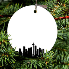 DistinctInk® Hanging Ceramic Christmas Tree Ornament with Gold String - Great Gift / Present - 2 3/4 inch Diameter - Seattle Skyline Silhouette