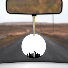 DistinctInk® Hanging Ceramic Christmas Tree Ornament with Gold String - Great Gift / Present - 2 3/4 inch Diameter - Seattle Skyline Silhouette