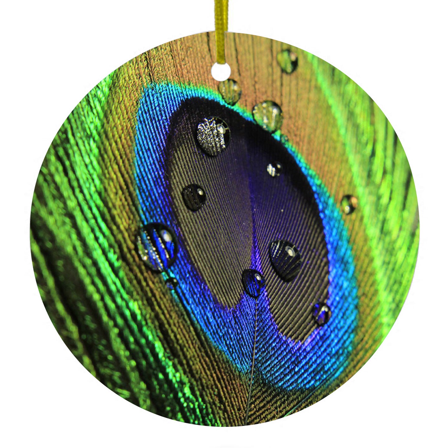DistinctInk® Hanging Ceramic Christmas Tree Ornament with Gold String - Great Gift / Present - 2 3/4 inch Diameter - Peacock Feather Close Up