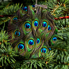 DistinctInk® Hanging Ceramic Christmas Tree Ornament with Gold String - Great Gift / Present - 2 3/4 inch Diameter - Peacock Feathers