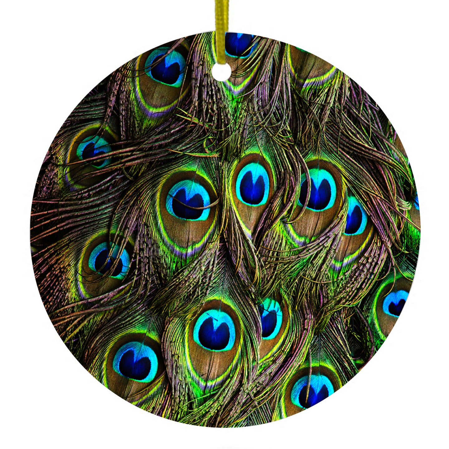 DistinctInk® Hanging Ceramic Christmas Tree Ornament with Gold String - Great Gift / Present - 2 3/4 inch Diameter - Peacock Feathers