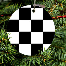 DistinctInk® Hanging Ceramic Christmas Tree Ornament with Gold String - Great Gift / Present - 2 3/4 inch Diameter - Black White Checkered Flag Geometric