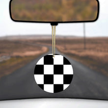 DistinctInk® Hanging Ceramic Christmas Tree Ornament with Gold String - Great Gift / Present - 2 3/4 inch Diameter - Black White Checkered Flag Geometric