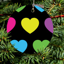 DistinctInk® Hanging Ceramic Christmas Tree Ornament with Gold String - Great Gift / Present - 2 3/4 inch Diameter - Black Multi Color Hearts