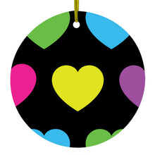 DistinctInk® Hanging Ceramic Christmas Tree Ornament with Gold String - Great Gift / Present - 2 3/4 inch Diameter - Black Multi Color Hearts