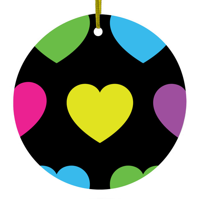 Black Multi Color Hearts Ceramic Ornament