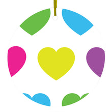 DistinctInk® Hanging Ceramic Christmas Tree Ornament with Gold String - Great Gift / Present - 2 3/4 inch Diameter - White Multi Color Hearts