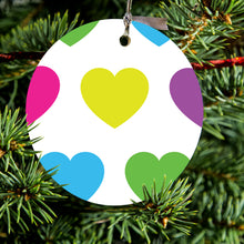 DistinctInk® Hanging Ceramic Christmas Tree Ornament with Gold String - Great Gift / Present - 2 3/4 inch Diameter - White Multi Color Hearts