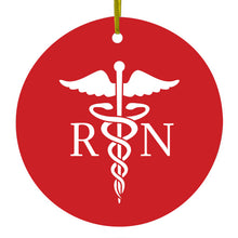 DistinctInk® Hanging Ceramic Christmas Tree Ornament with Gold String - Great Gift / Present - 2 3/4 inch Diameter - RN Registered Nurse Symbol