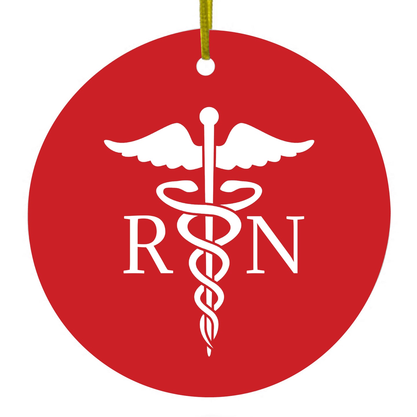 DistinctInk® Hanging Ceramic Christmas Tree Ornament with Gold String - Great Gift / Present - 2 3/4 inch Diameter - RN Registered Nurse Symbol