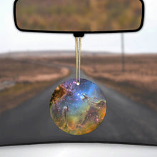 DistinctInk® Hanging Ceramic Christmas Tree Ornament with Gold String - Great Gift / Present - 2 3/4 inch Diameter - Eagle Nebula Orange Blue
