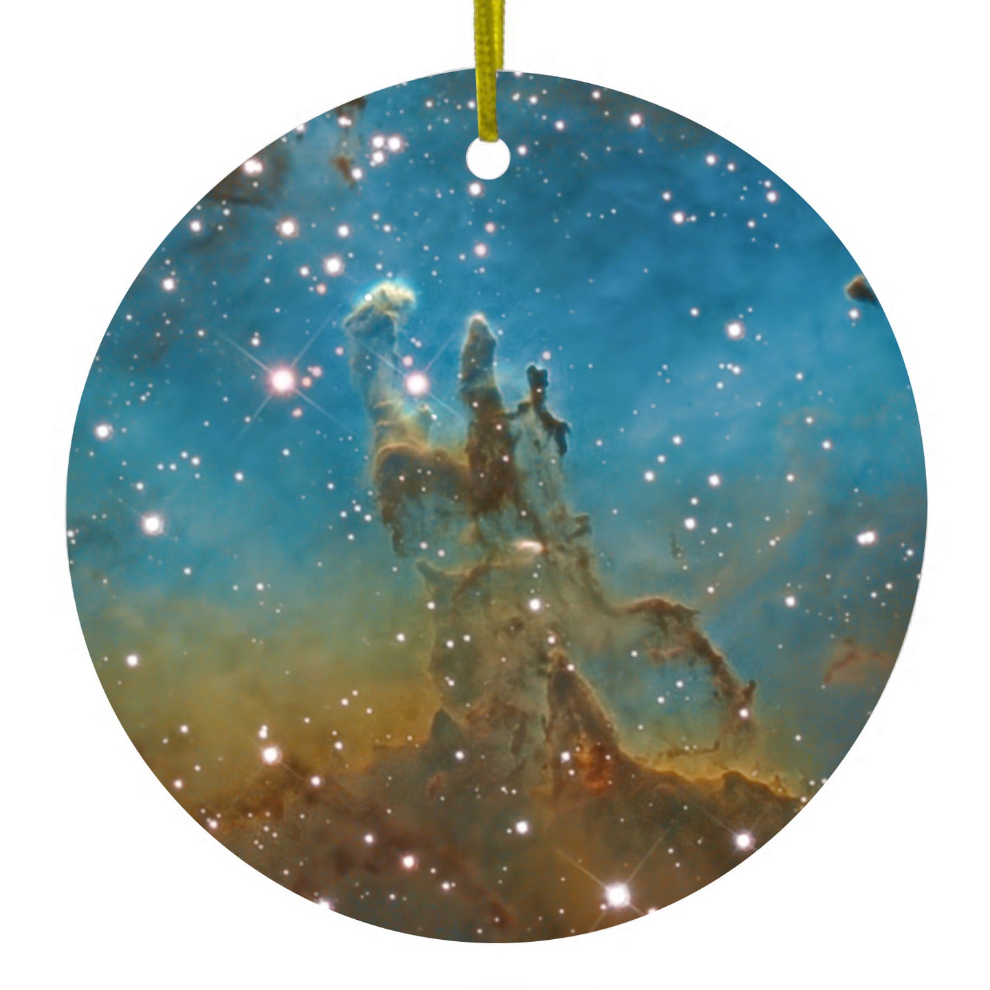 DistinctInk® Hanging Ceramic Christmas Tree Ornament with Gold String - Great Gift / Present - 2 3/4 inch Diameter - Eagle Nebula Blue Green
