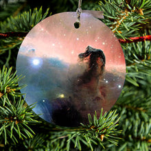 DistinctInk® Hanging Ceramic Christmas Tree Ornament with Gold String - Great Gift / Present - 2 3/4 inch Diameter - Horsehead Nebula Stars