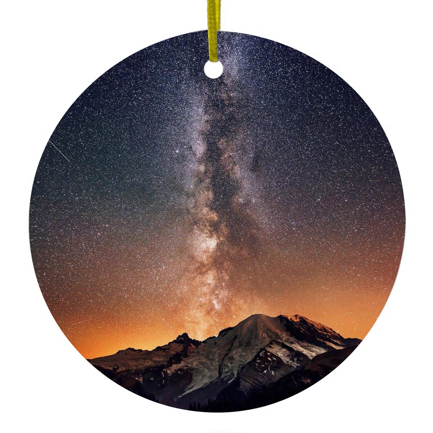 DistinctInk® Hanging Ceramic Christmas Tree Ornament with Gold String - Great Gift / Present - 2 3/4 inch Diameter - Milky Way Over Mountains