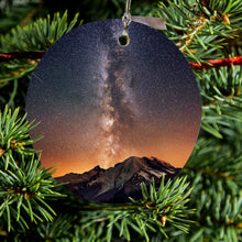DistinctInk® Hanging Ceramic Christmas Tree Ornament with Gold String - Great Gift / Present - 2 3/4 inch Diameter - Milky Way Over Mountains