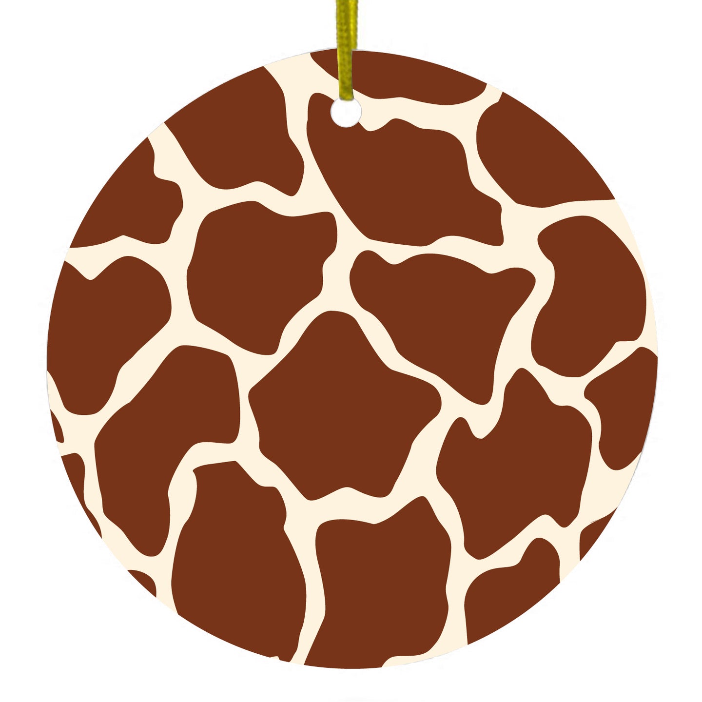 DistinctInk® Hanging Ceramic Christmas Tree Ornament with Gold String - Great Gift / Present - 2 3/4 inch Diameter - Brown Tan Beige Giraffe Skin Spots