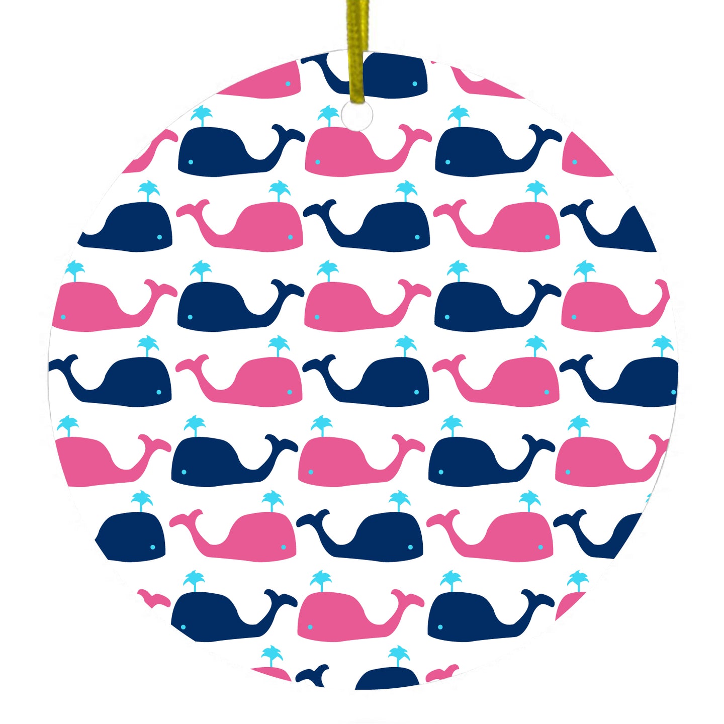 DistinctInk® Hanging Ceramic Christmas Tree Ornament with Gold String - Great Gift / Present - 2 3/4 inch Diameter - Pink Navy Cartoon Whales