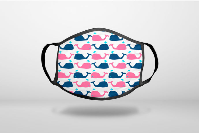 Pink Navy Cartoon Whales - 3-Ply Reusable Soft Face Mask Covering, Unisex, Cotton Inner Layer