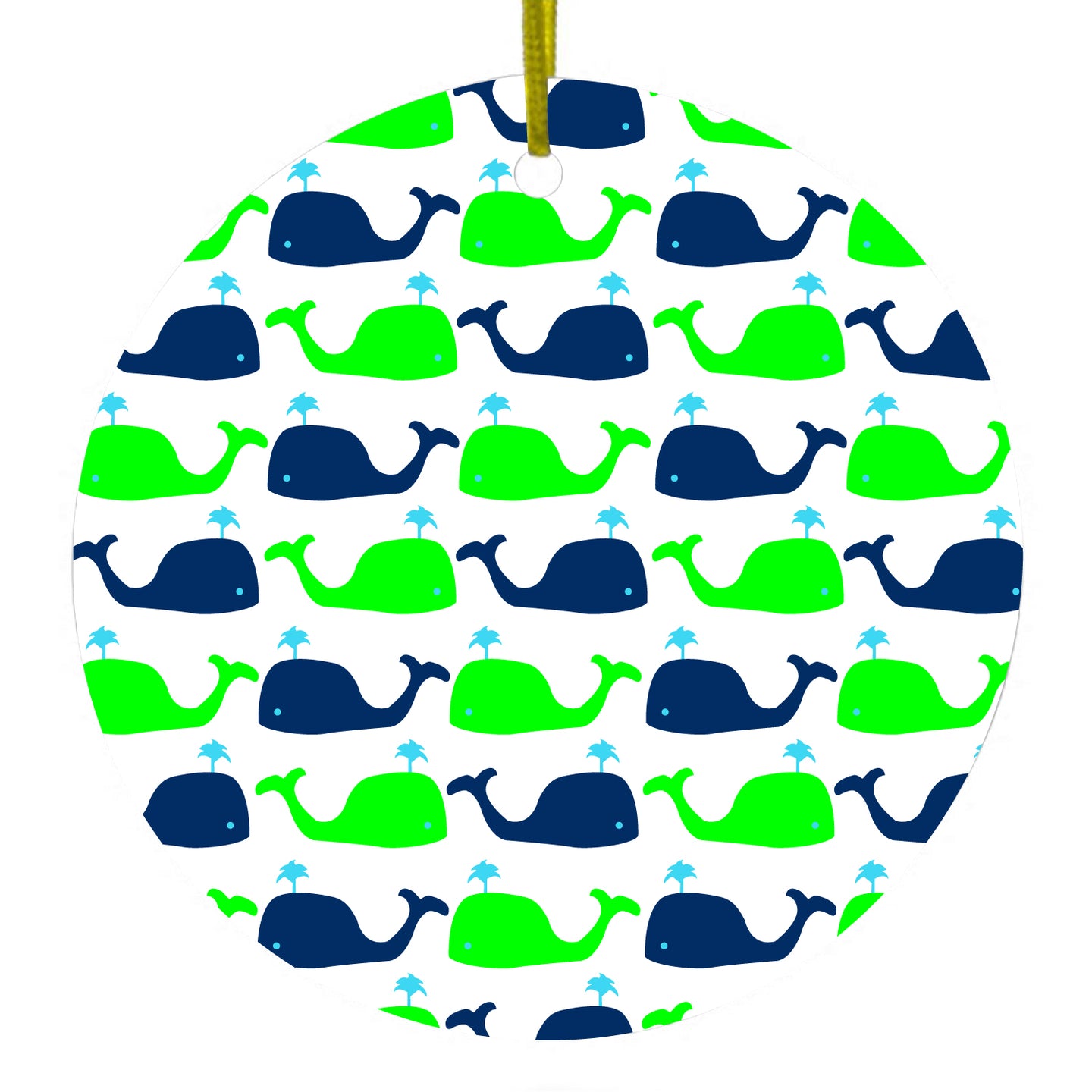 DistinctInk® Hanging Ceramic Christmas Tree Ornament with Gold String - Great Gift / Present - 2 3/4 inch Diameter - Green Navy Cartoon Whales