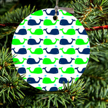 DistinctInk® Hanging Ceramic Christmas Tree Ornament with Gold String - Great Gift / Present - 2 3/4 inch Diameter - Green Navy Cartoon Whales