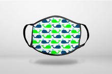 Green Navy Cartoon Whales - 3-Ply Reusable Soft Face Mask Covering, Unisex, Cotton Inner Layer
