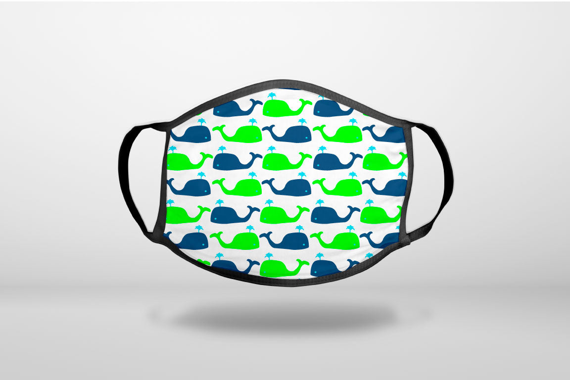 Green Navy Cartoon Whales - 3-Ply Reusable Soft Face Mask Covering, Unisex, Cotton Inner Layer