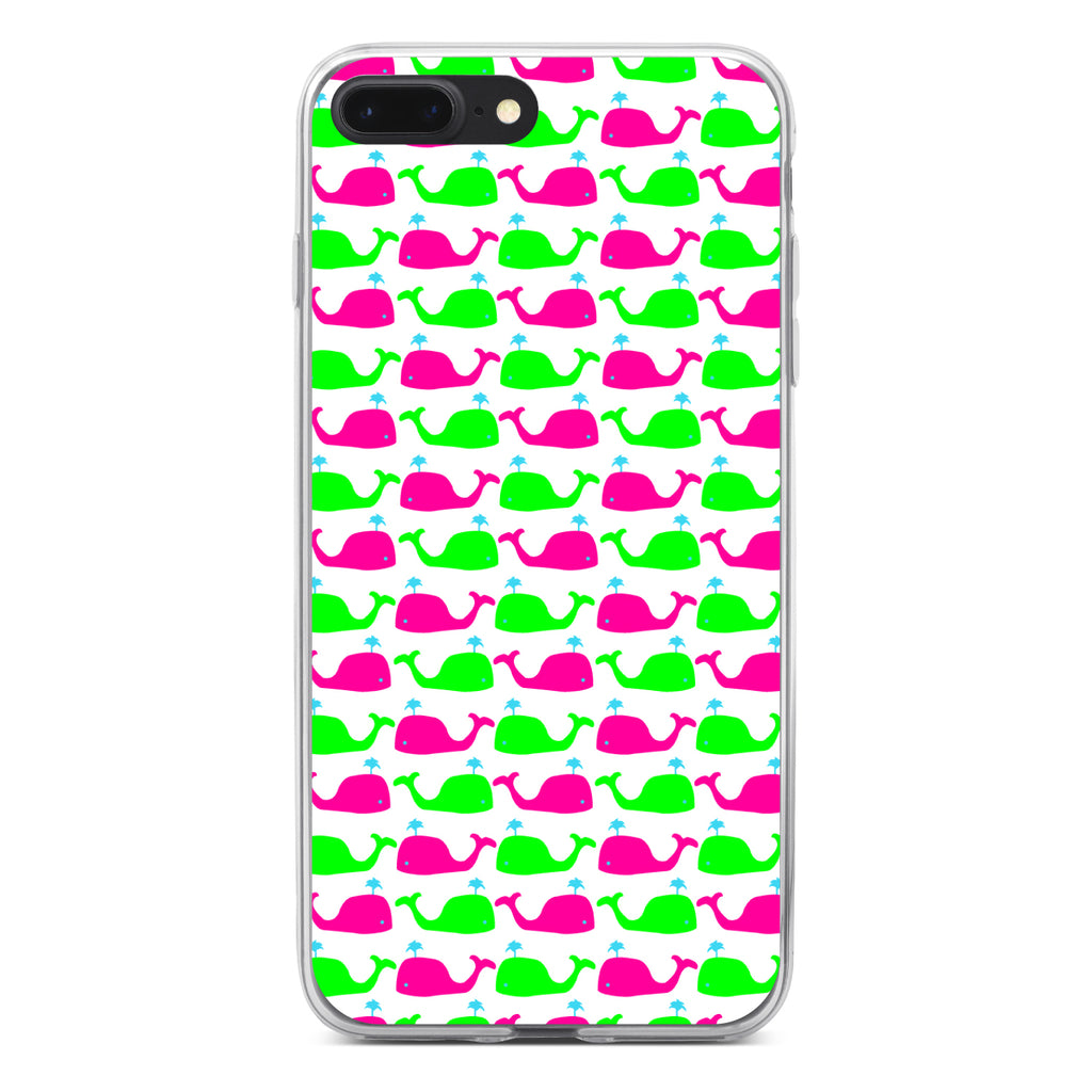 Green Pink Cartoon Whales Clear Shockproof iPhone Case, view 6