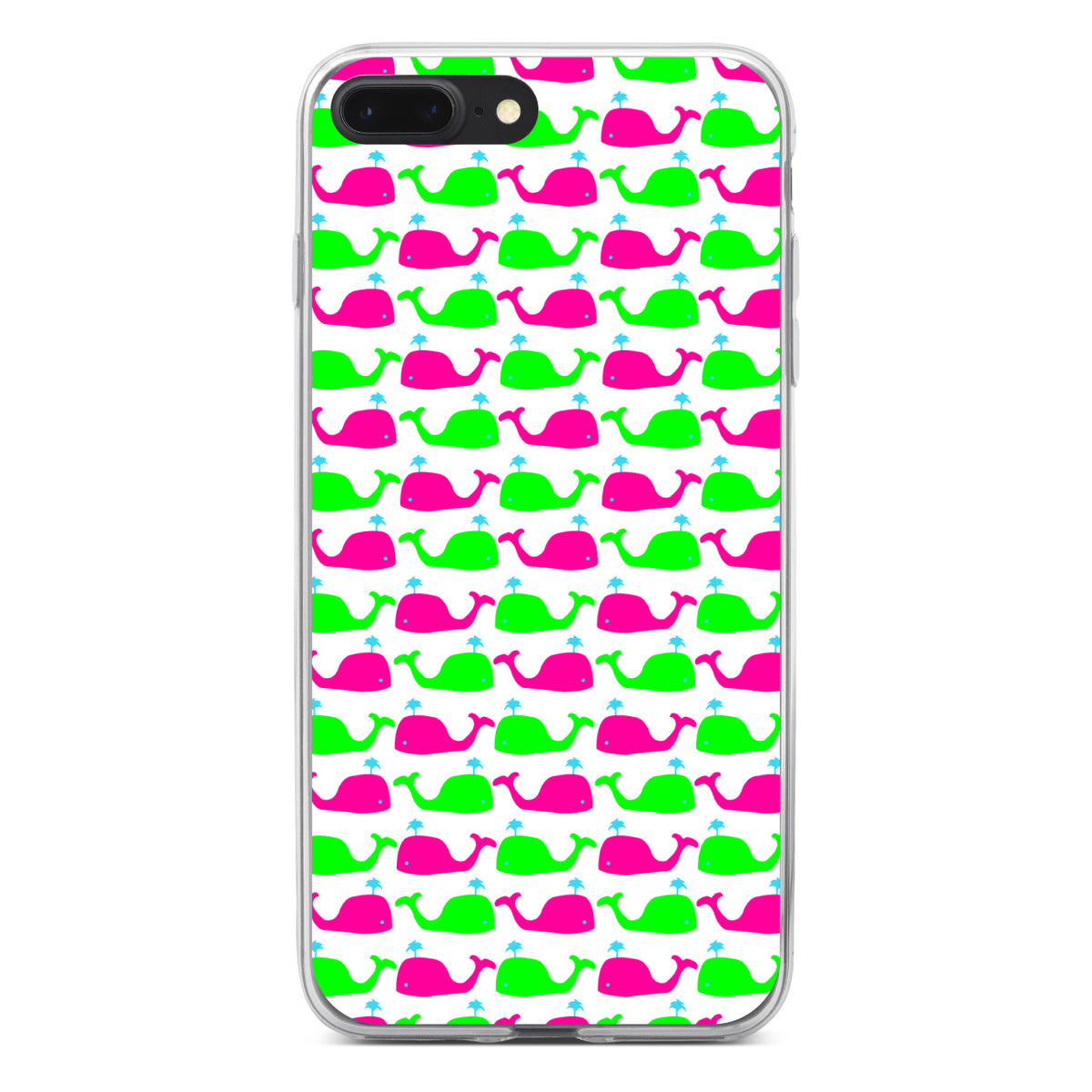 Green Pink Cartoon Whales Clear Shockproof iPhone Case, view 6
