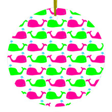 DistinctInk® Hanging Ceramic Christmas Tree Ornament with Gold String - Great Gift / Present - 2 3/4 inch Diameter - Green Pink Cartoon Whales