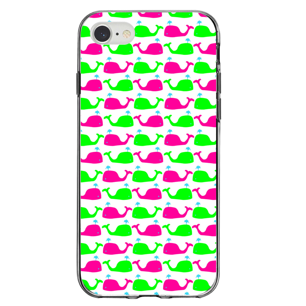Green Pink Cartoon Whales Clear Shockproof iPhone Case, view 5