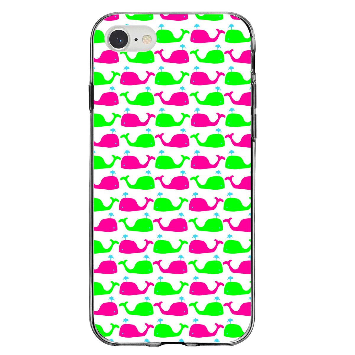 Green Pink Cartoon Whales Clear Shockproof iPhone Case, view 5