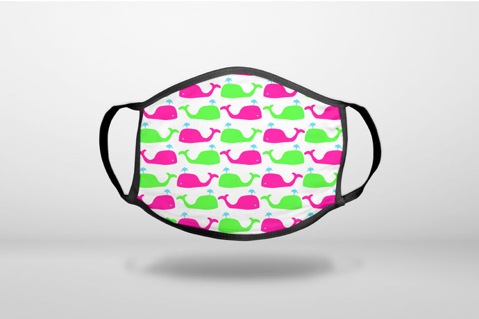 Green Pink Cartoon Whales - 3-Ply Reusable Soft Face Mask Covering, Unisex, Cotton Inner Layer