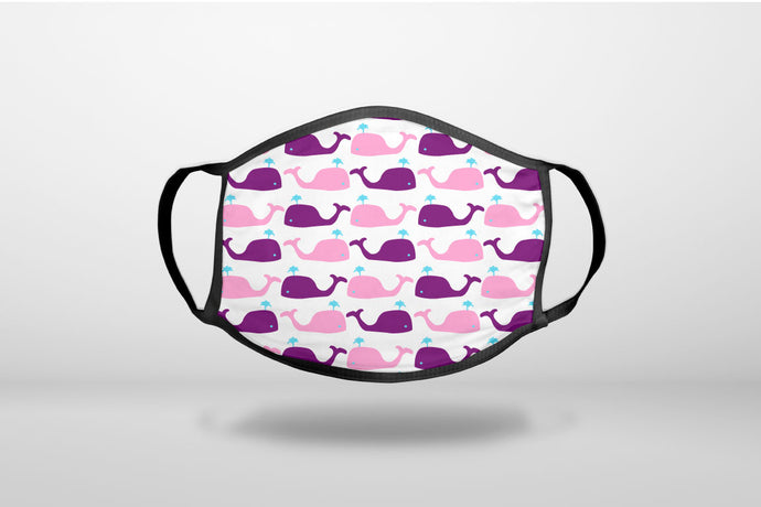 Purple Pink Cartoon Whales - 3-Ply Reusable Soft Face Mask Covering, Unisex, Cotton Inner Layer