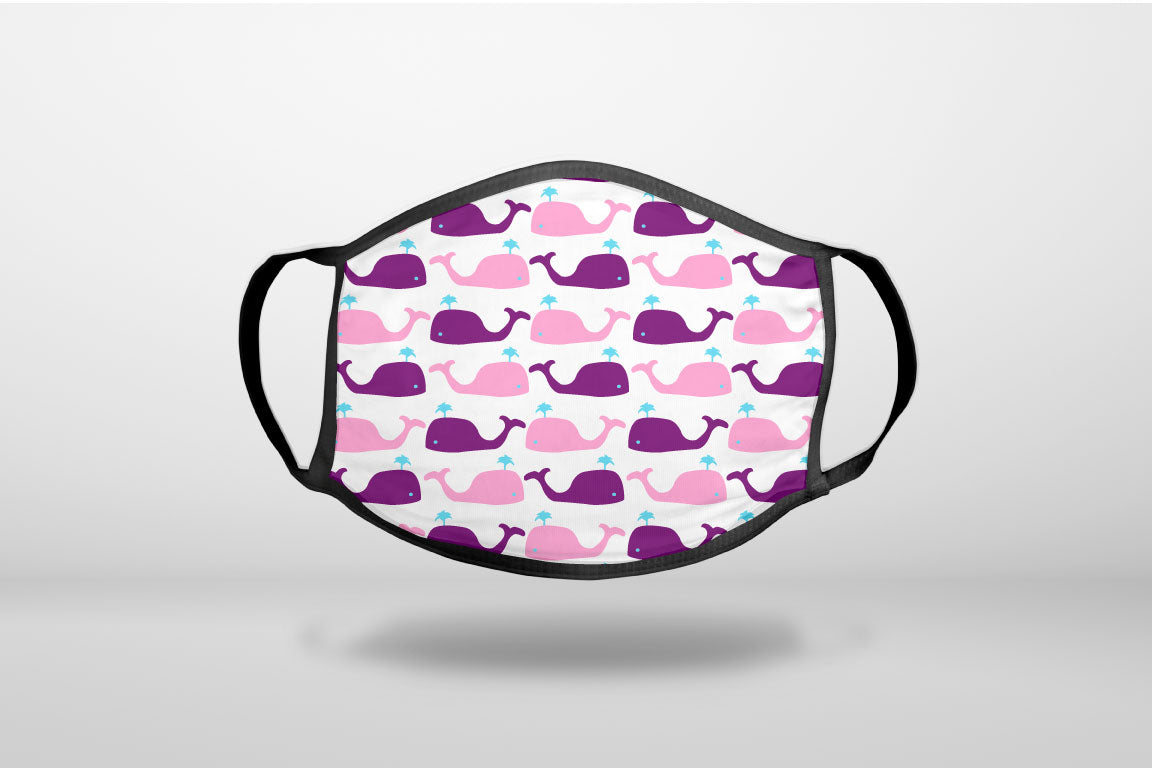 Purple Pink Cartoon Whales - 3-Ply Reusable Soft Face Mask Covering, Unisex, Cotton Inner Layer