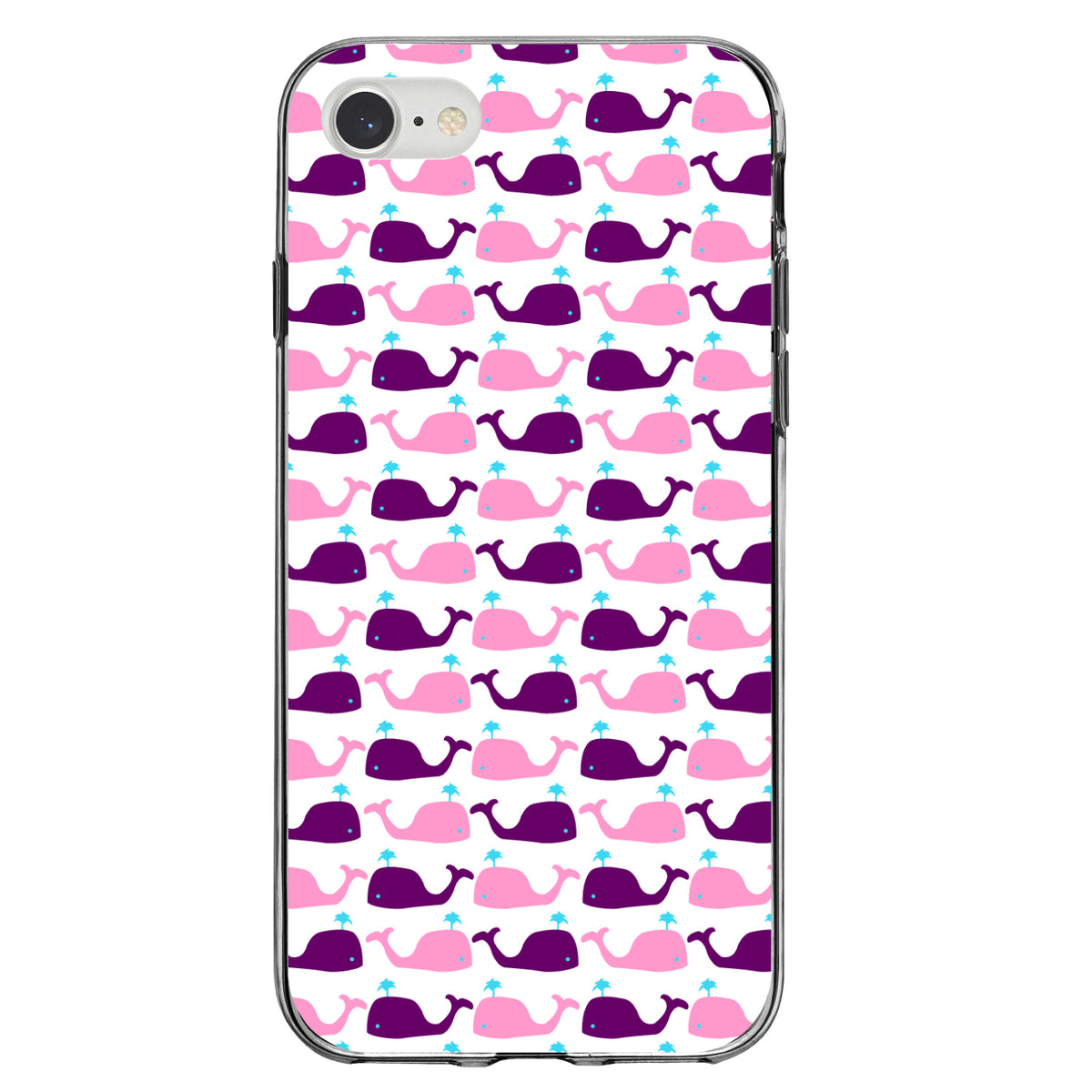 Purple Pink Cartoon Whales Clear Shockproof iPhone Case, view 5