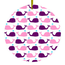 DistinctInk® Hanging Ceramic Christmas Tree Ornament with Gold String - Great Gift / Present - 2 3/4 inch Diameter - Purple Pink Cartoon Whales