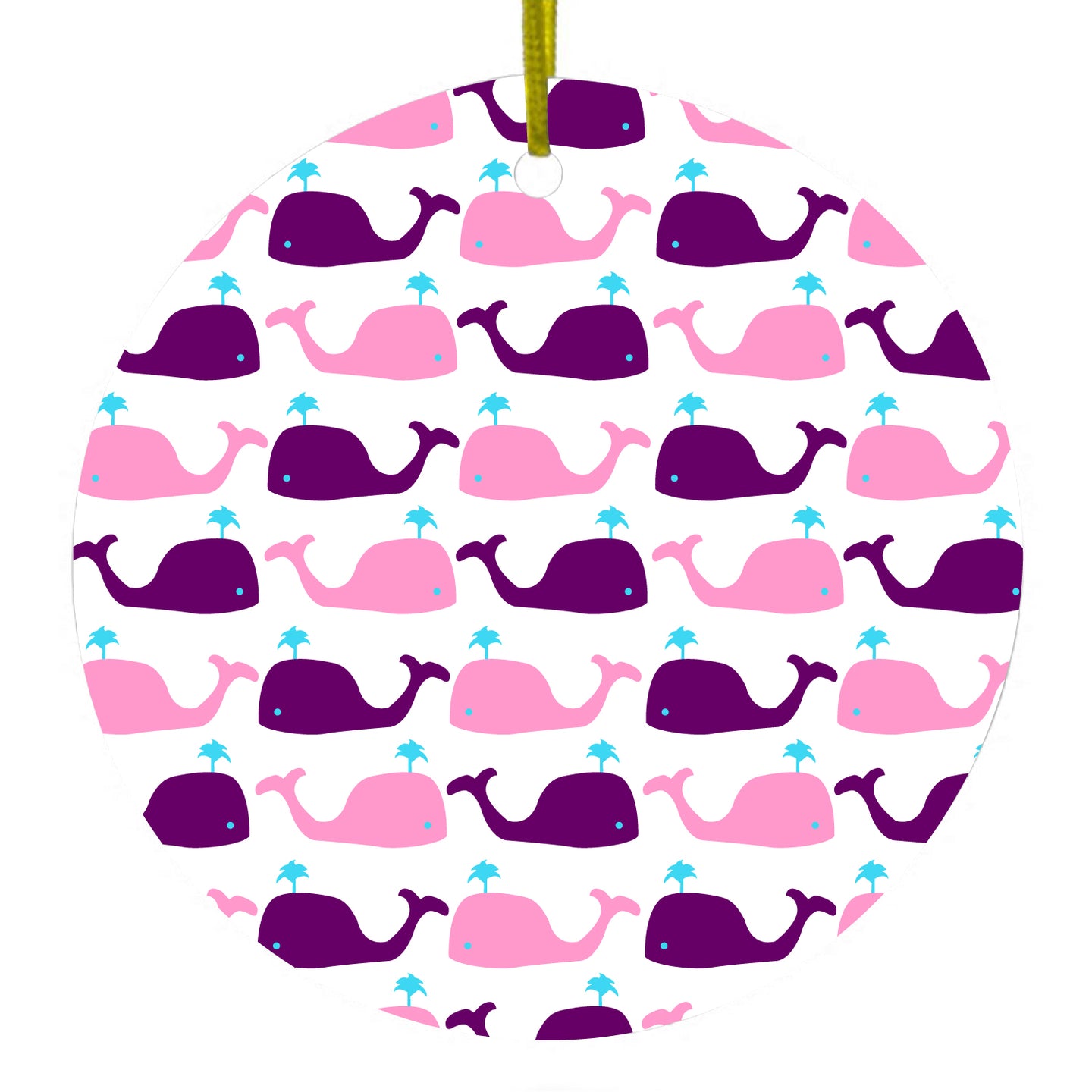 DistinctInk® Hanging Ceramic Christmas Tree Ornament with Gold String - Great Gift / Present - 2 3/4 inch Diameter - Purple Pink Cartoon Whales