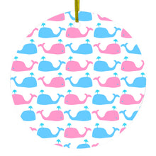 DistinctInk® Hanging Ceramic Christmas Tree Ornament with Gold String - Great Gift / Present - 2 3/4 inch Diameter - Blue Pink Cartoon Whales