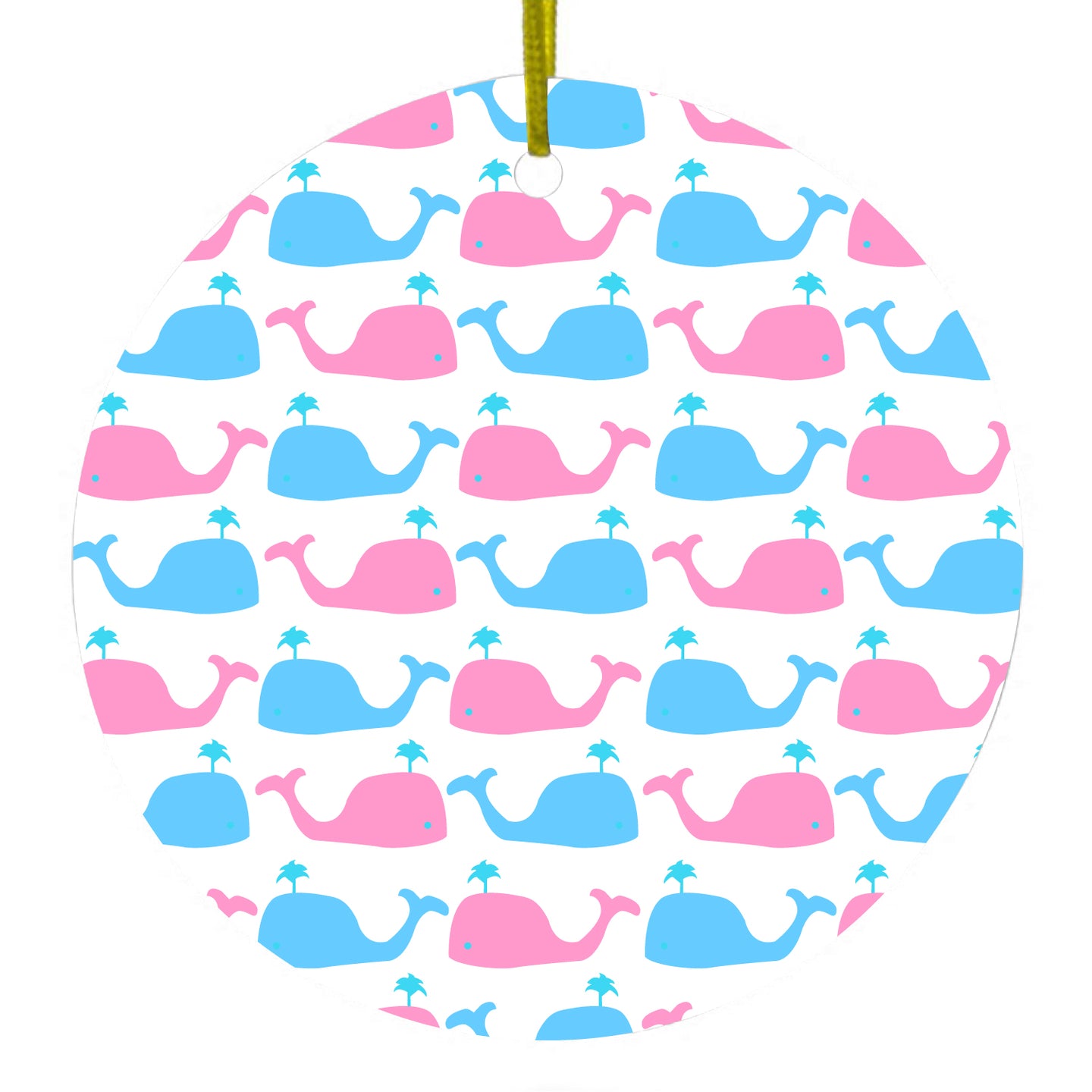 DistinctInk® Hanging Ceramic Christmas Tree Ornament with Gold String - Great Gift / Present - 2 3/4 inch Diameter - Blue Pink Cartoon Whales
