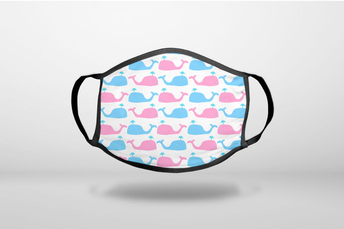 Blue Pink Cartoon Whales - 3-Ply Reusable Soft Face Mask Covering, Unisex, Cotton Inner Layer