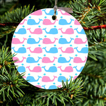 DistinctInk® Hanging Ceramic Christmas Tree Ornament with Gold String - Great Gift / Present - 2 3/4 inch Diameter - Blue Pink Cartoon Whales