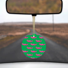 DistinctInk® Hanging Ceramic Christmas Tree Ornament with Gold String - Great Gift / Present - 2 3/4 inch Diameter - Green Pink Alligators
