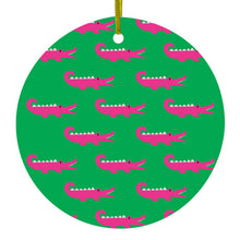 DistinctInk® Hanging Ceramic Christmas Tree Ornament with Gold String - Great Gift / Present - 2 3/4 inch Diameter - Green Pink Alligators