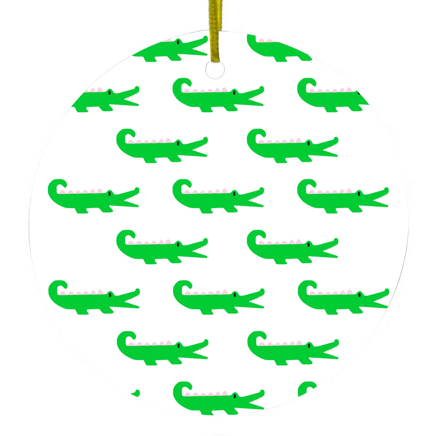 DistinctInk® Hanging Ceramic Christmas Tree Ornament with Gold String - Great Gift / Present - 2 3/4 inch Diameter - Green White Alligators